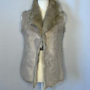 LOFT Faux Fur Vest Suede Look Front Beige Open Front Sleeveless Size Small
